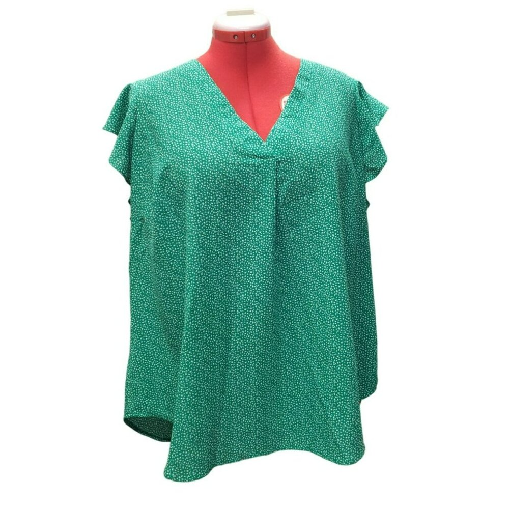 Adrianna Papell Ruffle Sleeve Blouse, Women's 1X, Green & White